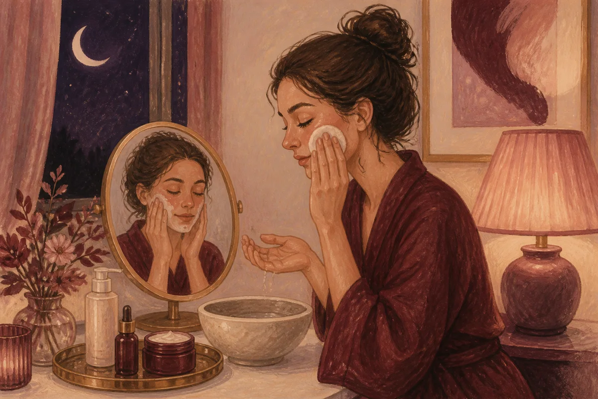 An illustrated night skincare order from makeup removal to moisturizer