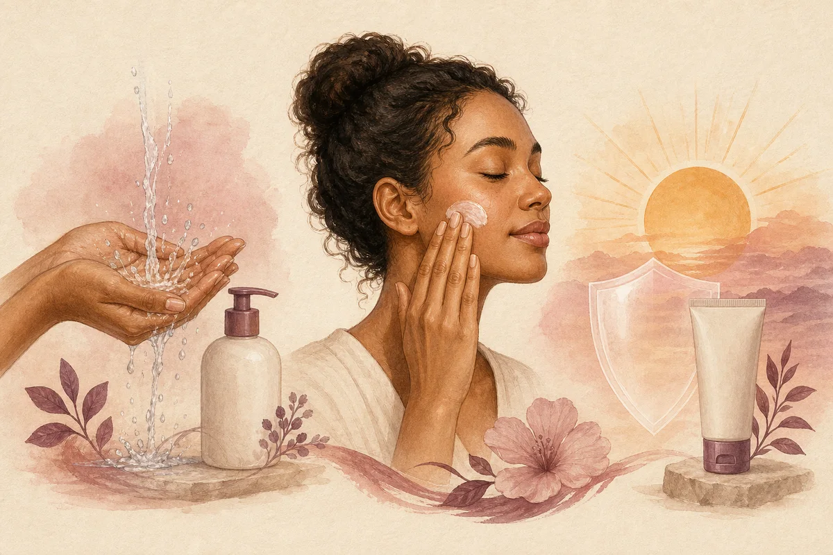 An illustrated morning routine showing gentle cleansing, moisturizing, and sun protection
