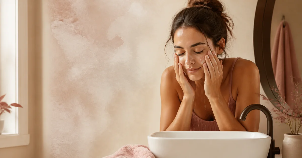 A woman gently washing her face at a warm bathroom sink